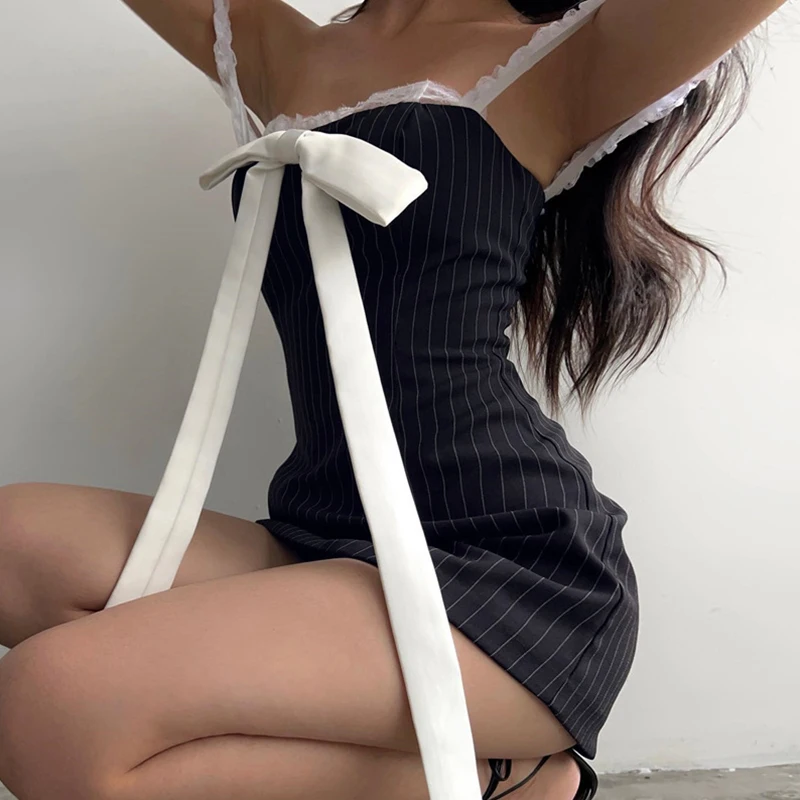 y2k Dress 2000s Women Striped Lace Stitching Off Shoulder Sleeveless Bodycon Short Dress with Bow Decor Party Dresses