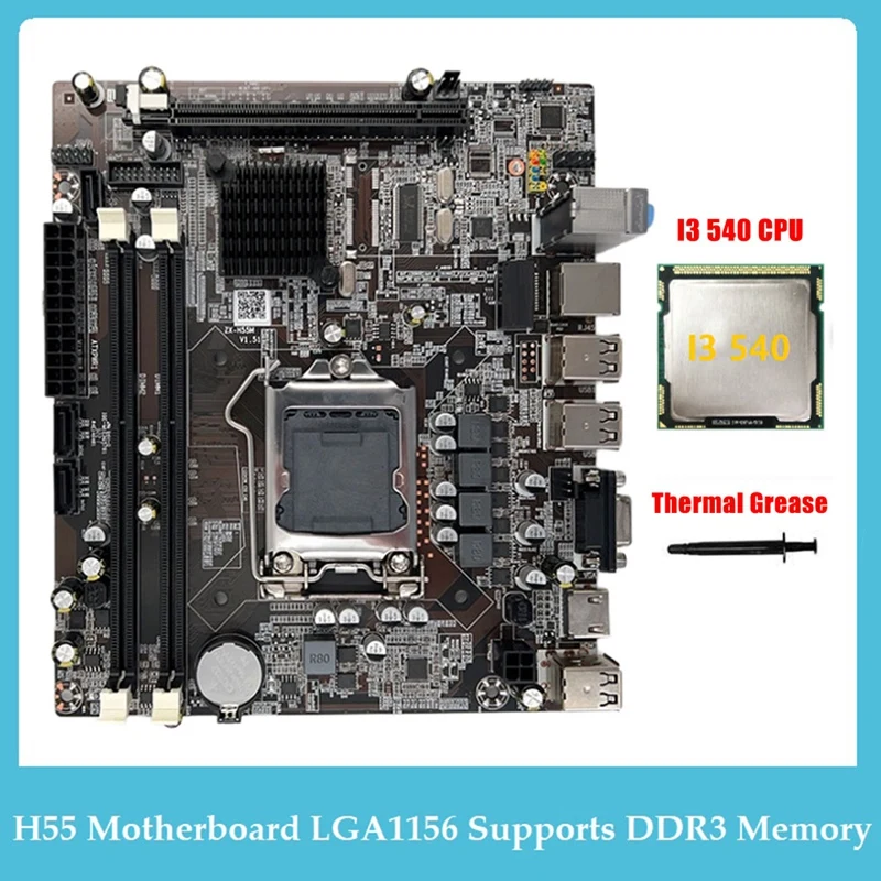 

H55 Motherboard LGA1156 Supports I3 530 I5 760 Series CPU DDR3 Memory Computer Motherboard+I3 540 CPU+Thermal Grease Replacement