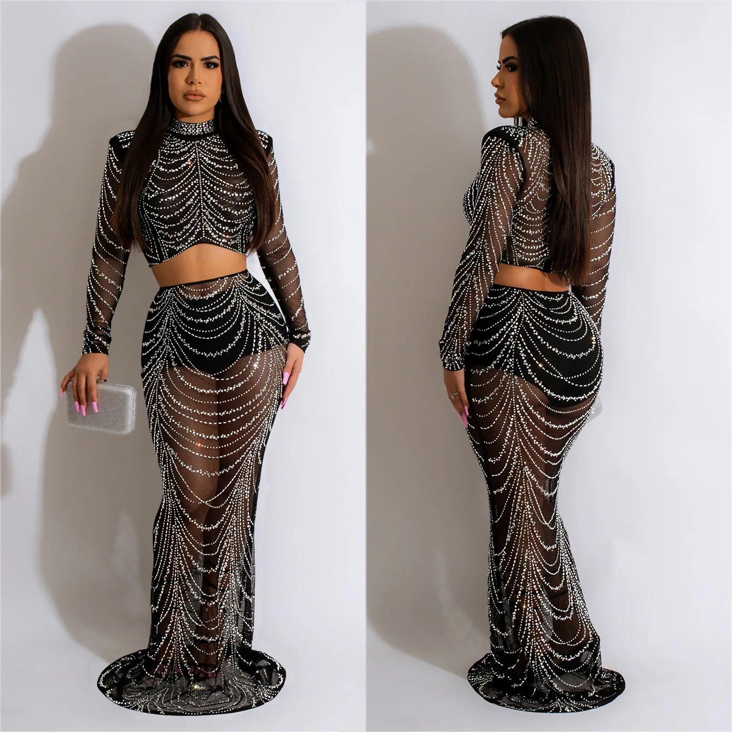 Caierra Rhinestone Long Sleeve Midi Dress