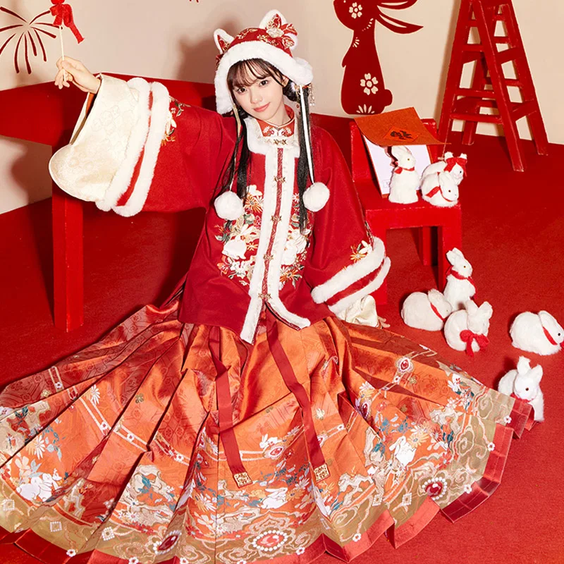 

Китайский новый год, красная куртка, юбка с изображением лошади для женщин, для взрослых, династия Мин, принцесса, Элегантное повседневное платье, красный цвет, модель DQL7878