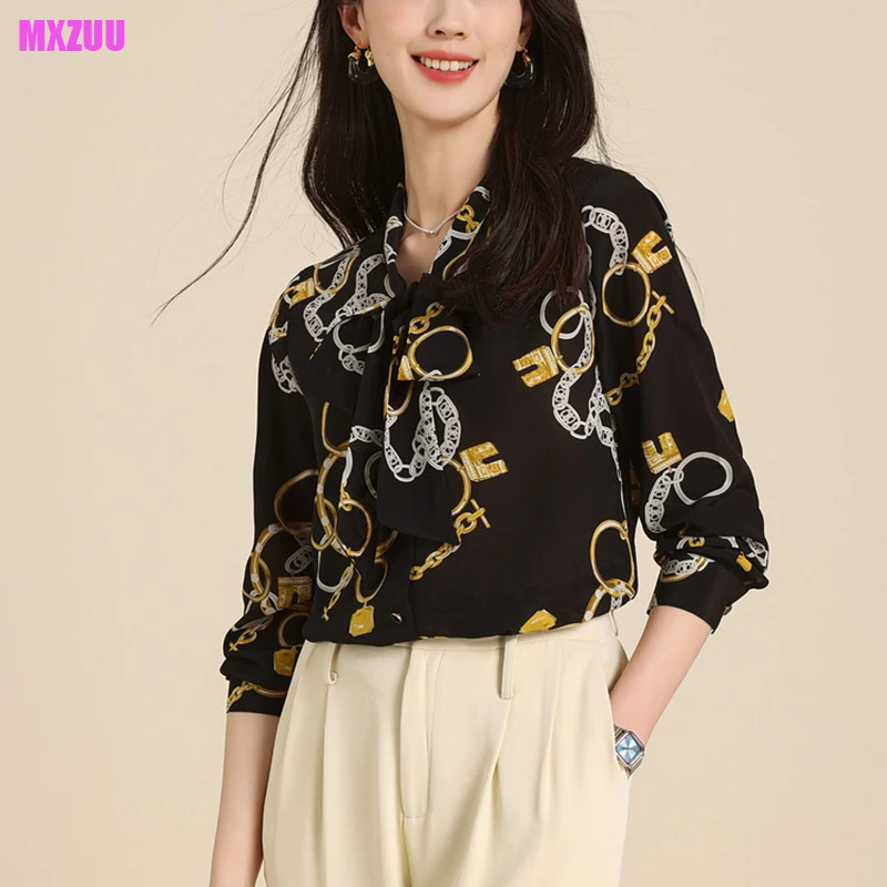 

100% Mulberry Silk Shirt Women New Real Silk Lace-Up Collar Geometric Printed Long Sleeve Fashion Tops Blusas Femininas Bonitas