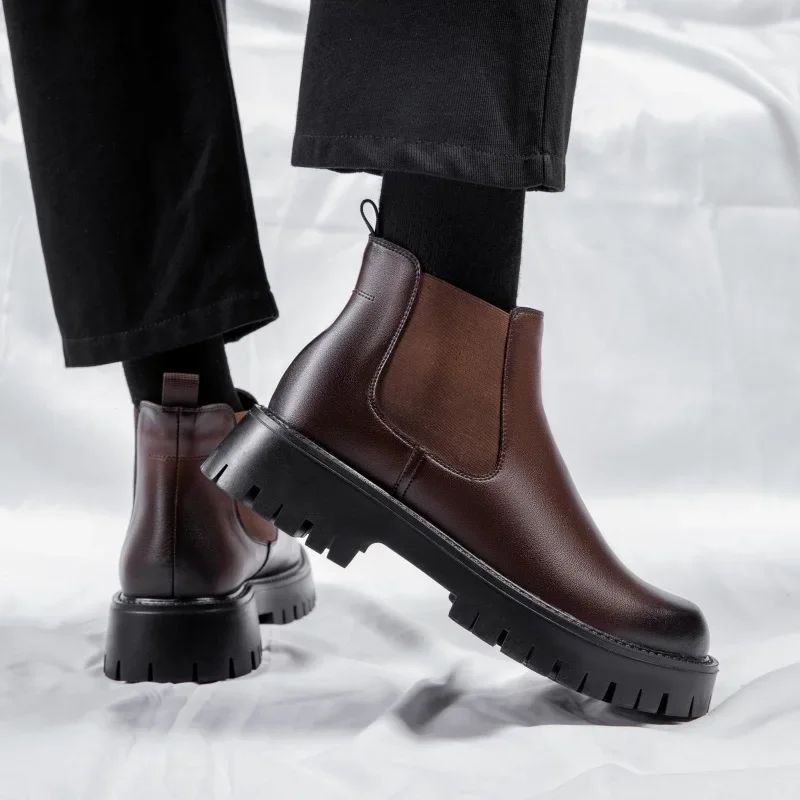 Italian Men's Boots High Top Outdoor Chelsea Boots Leather Ankle Men Platform Round Toe Boot
