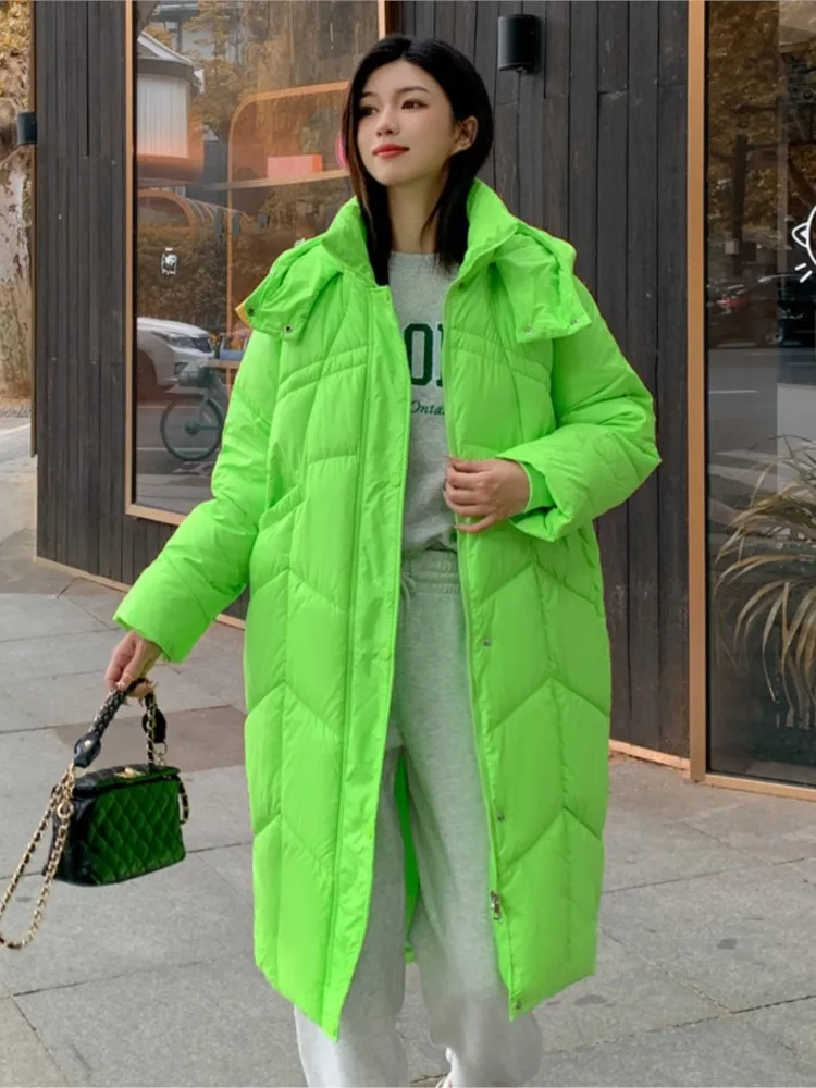 

RDMQ 2023 New Women's Solid Color Winter Hooded Puffer Jackets Casual Medium Long Parkas Clothes Rhombic Lattice Loose Coat