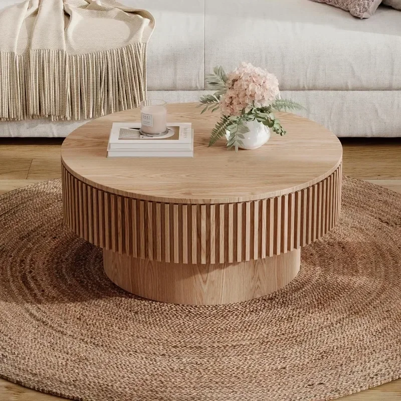 Round Coffee with Storage, 31.5" Modern Solid Wood Veneered Drum CoffeeCircle Wood Table Side Table