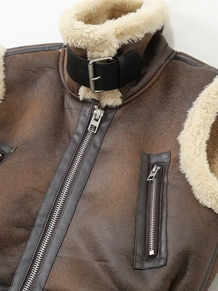 Withered Vintage Washed Old Leather Vest with Velvet and Warm Zipper Winter Coat Women