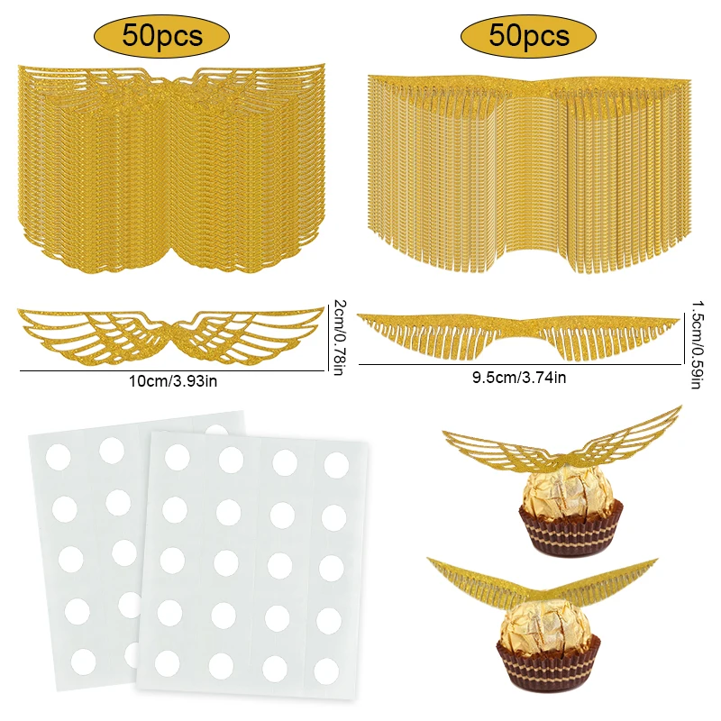 50Pcs Gold Wings Chocolate Cake Decoration Angel Wings Wizard Cupcake Topper Snitch Wedding Birthday Party Decor images - 6