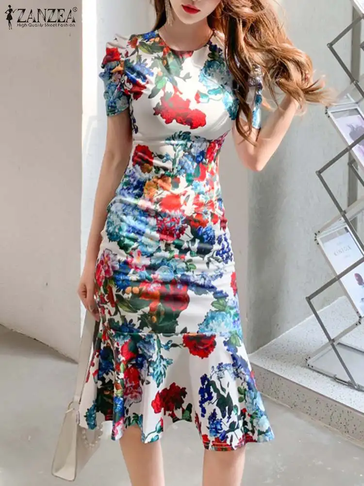 

ZANZEA Women Wrap Hips Sundress Korean Elegant Dress 2023 Fashion Floral Print Fishtail Vestidos Sexy Puff Sleeve Evening Robe