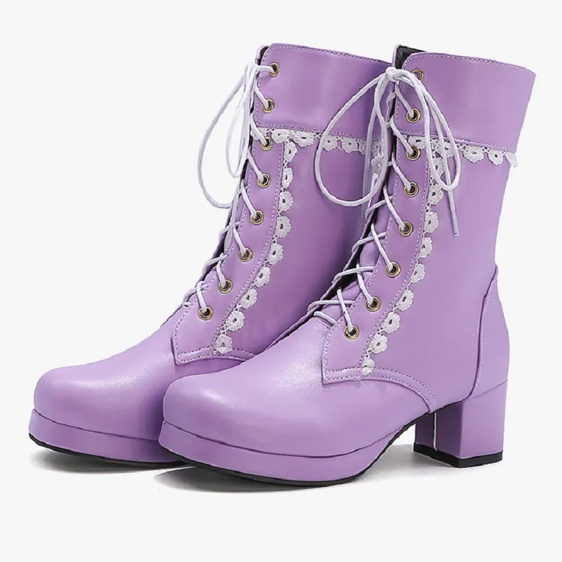 

Женские высокие ботинки QPLYXCO, фиолетовые ботинки на платформе, с кружевной окантовкой, зимняя обувь в стиле "Лолита", большие размеры 47 48