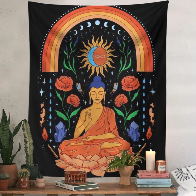 Buddha Szivárvány Napsütéses Falfájdozó Virág Jóga Fali Kendő Nappali Hálószoba Dekoráció Gobelin - Image 4