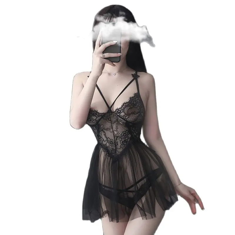 

Sexy lace suspender nightdress women's water soluble flower transparent temptation sexy lingerie mesh pajamas