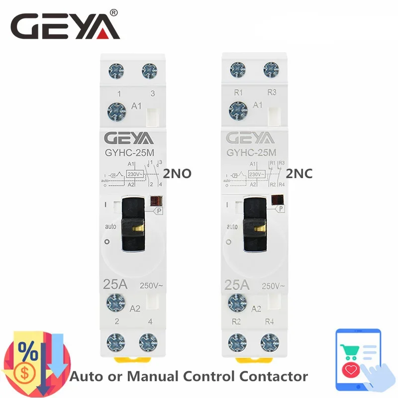 GEYA Manual Control Household Contactor Din Rail Type Modular Contactor 2P 16A 20A 25A 2NO or 2NC 220V