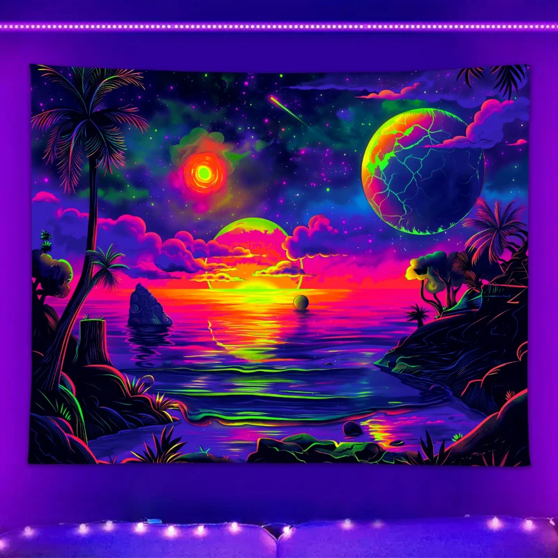 1 Stück UV-reaktives Wandteppich, Strand-Kokosnussbaum, Sternenhimmel, Universum, Sonnenuntergang, Wandteppich, ästhetische Wandbehang für Zimmer und Wohnzimmer – Detail 9