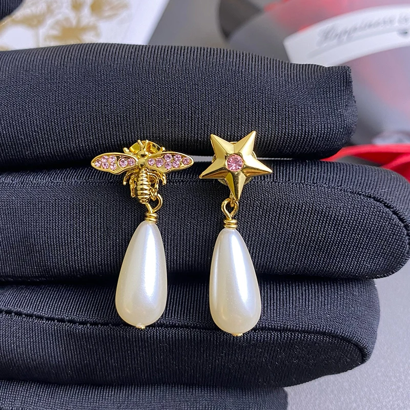 Luxury Five Pointed Bee Pearls AB Style Micro Inlaid Pink Zircon Earrings for Women Jewelry