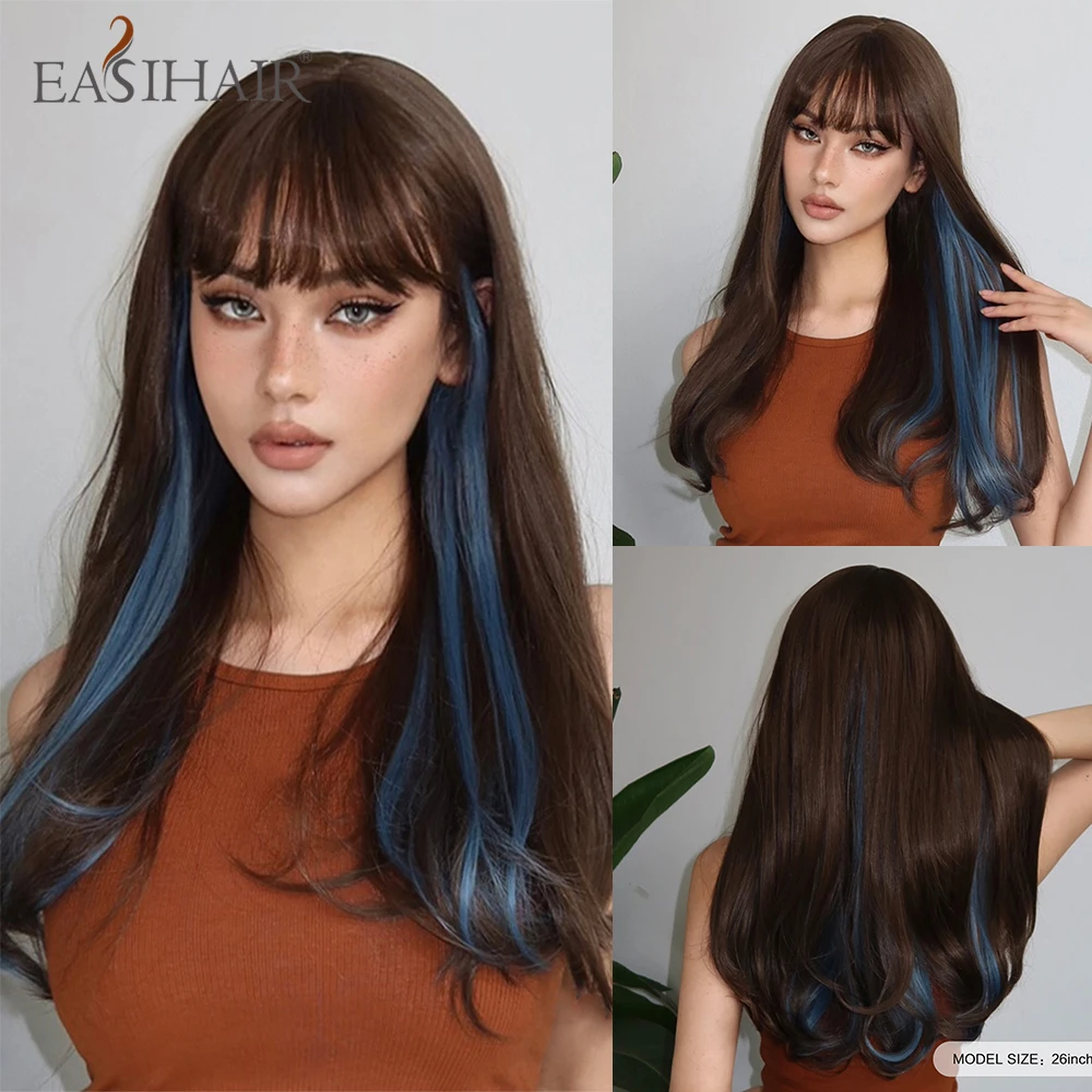 

EASIHAIR Long Straight Synthetic Wigs with Bang Brown Highlight Blue Hair Wig for Women Daily Party Natural Heat Resistant Fiber