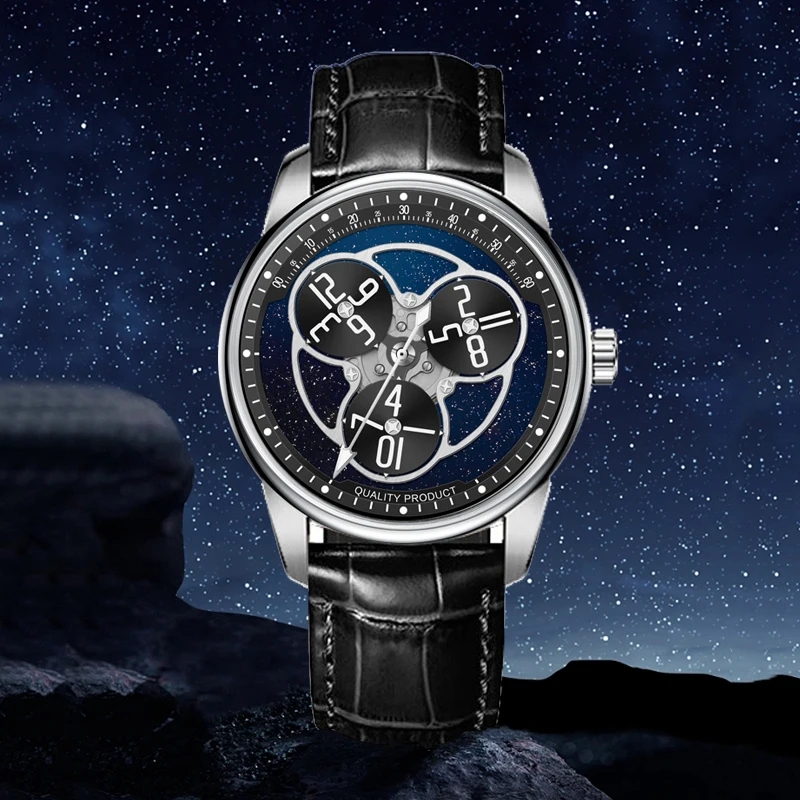

PINDU Designs 2024 New Star Wheel Mechanical Watch Classic Blue Fashion Starry Sky Precise Scale Watch es Luminous Montre Homme