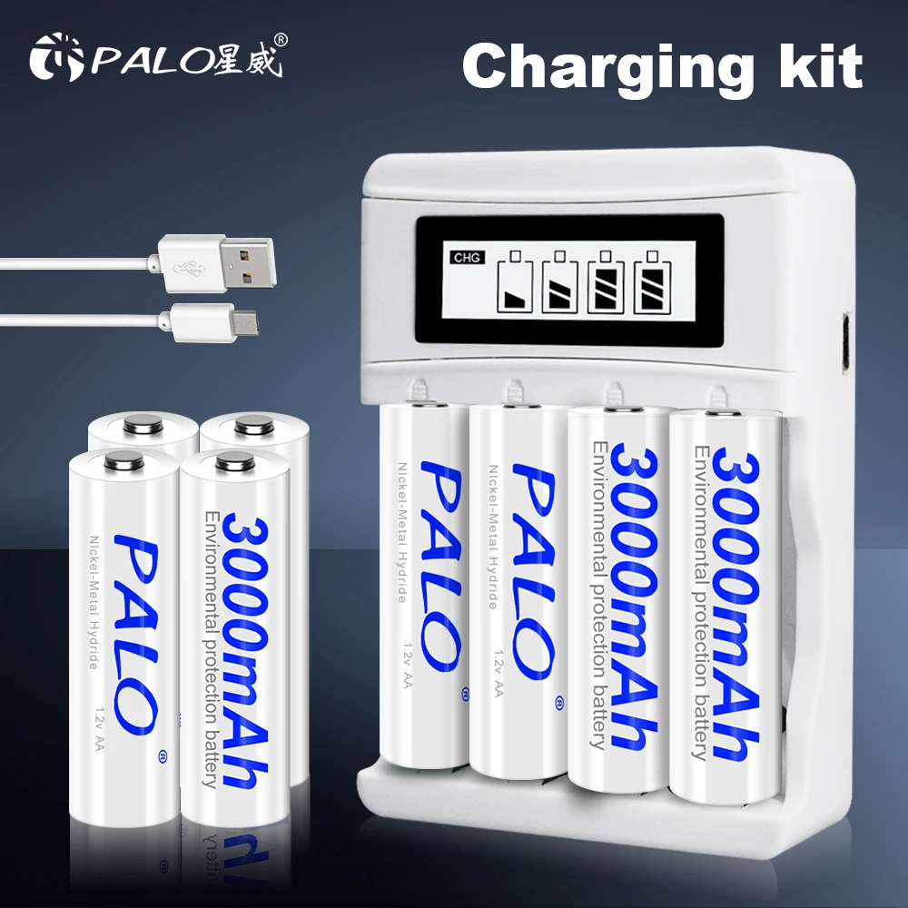 PALO 1.2V 3000mAh AA Rechargeable Battery+ 1.2V 1100mAh AAA Battery NI-MH NIMH AA AAA Batteries for Camera Toy + Battery Case