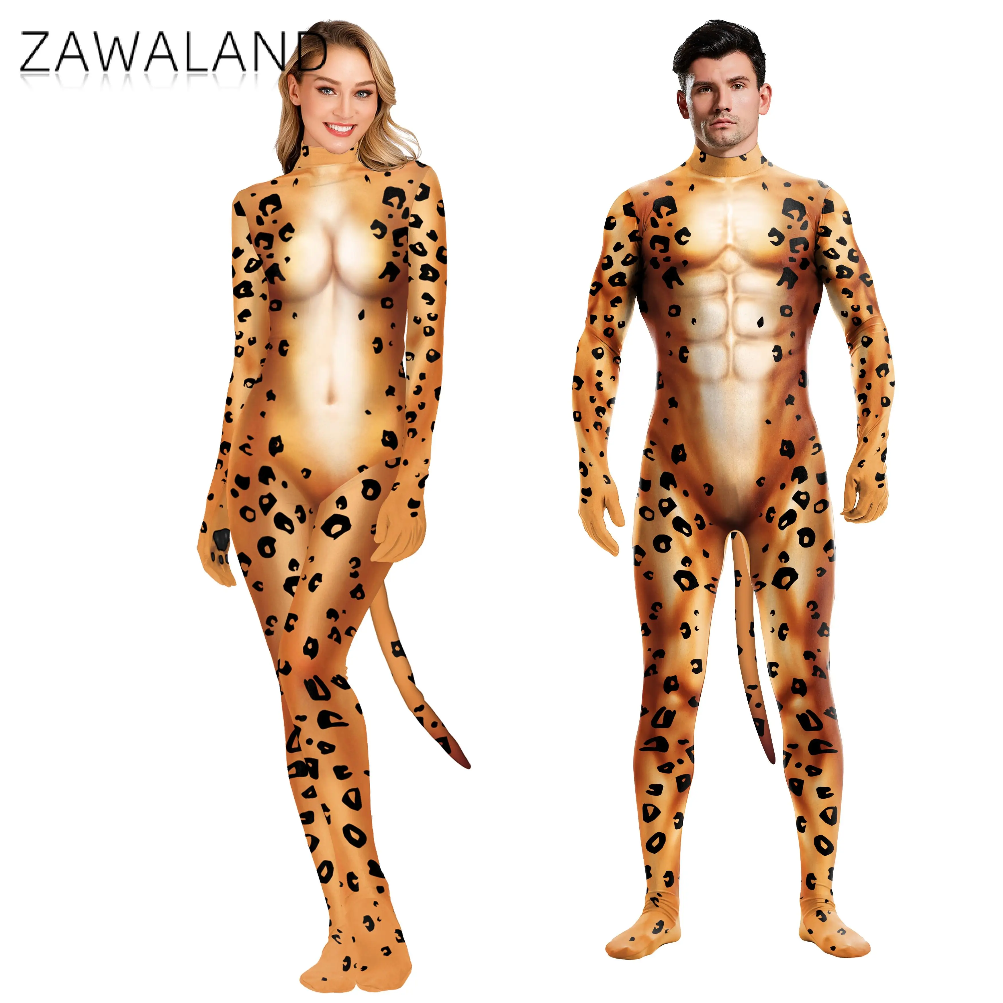 Adult Cosplay Zentai Suit Spandex Bodysuit Muscle Suit Leopard 3D Printed Long Sleeve Tight with Tail cosplay costume adult unitard