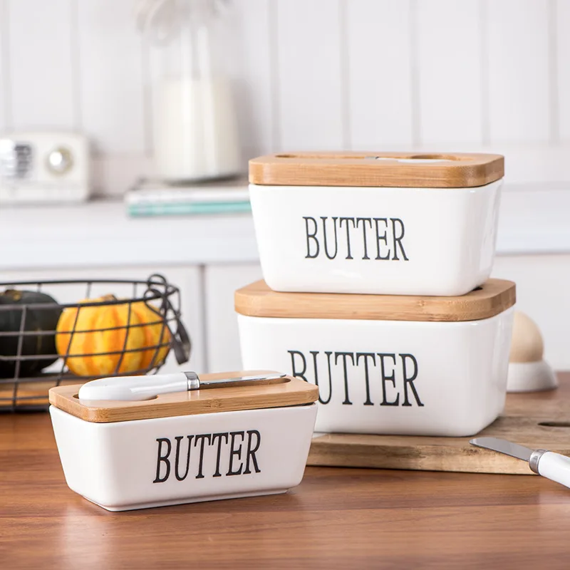 Butter Container Ceramic Box Restaurant Sealed Storage Box Cheese Dish with Knife Bamboo Lid Butter Slicer Tableware