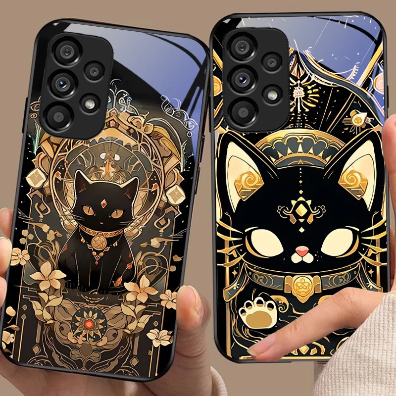 Black Gold Cat Design Tempered Glass Phone Case with Hard Shell