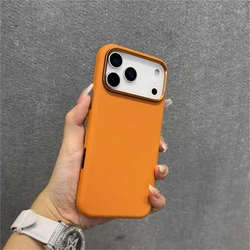 Magnetic Leather Luxury Case with Silicone Border and AI Button Bumper - iPhone 17 Pro (Orange)