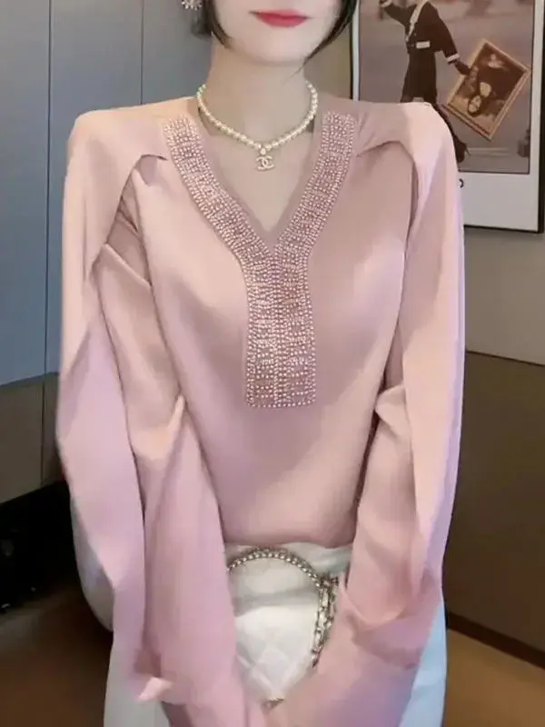 Spring Autumn Elegant Fashion Diamonds V-neck Shirt Female Long Sleeve Temperament Simple All-match Pullover Blouse Women's Top