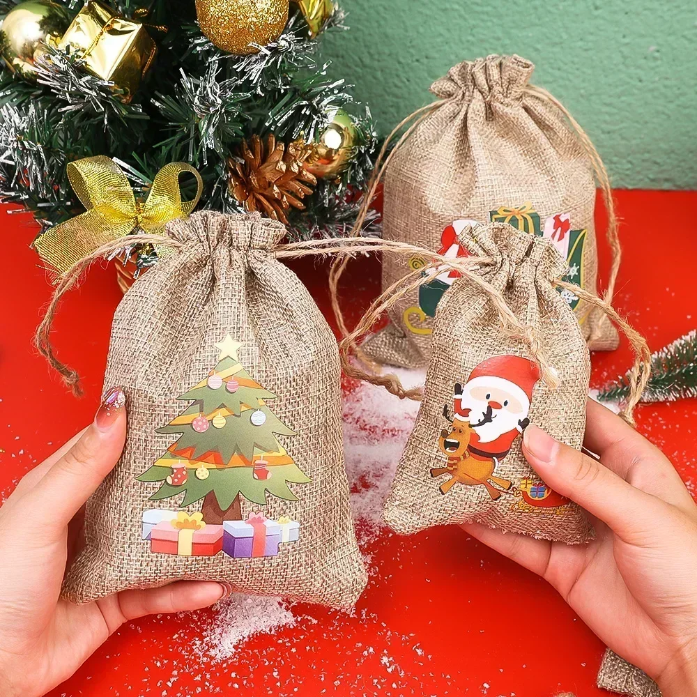 Christmas Linen Drawstring Bags Candy Biscuits Pouchs Burlap Bracelet Jewelry Storage Bag Xmas Kids Gifts Packaging Bags 36-1PC