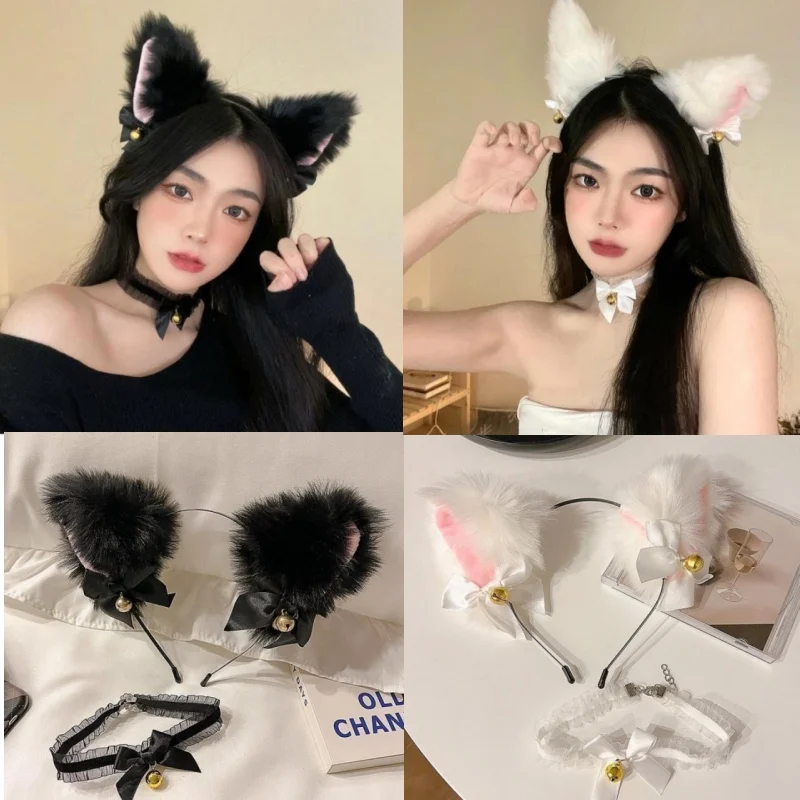 Hair Headband Fox Cat Ears Fur Headband Hoops Lace Bell Bow Necklace Plush Hairband Halloween Cosplay Props Headwear Christmas Party Gifts