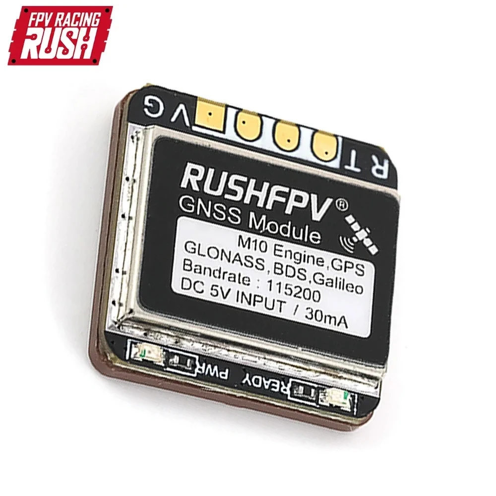 Module GPS RUSHFPV GNSS M10 double protocole monté sur drone FPV, vue de dessus avec antenne céramique