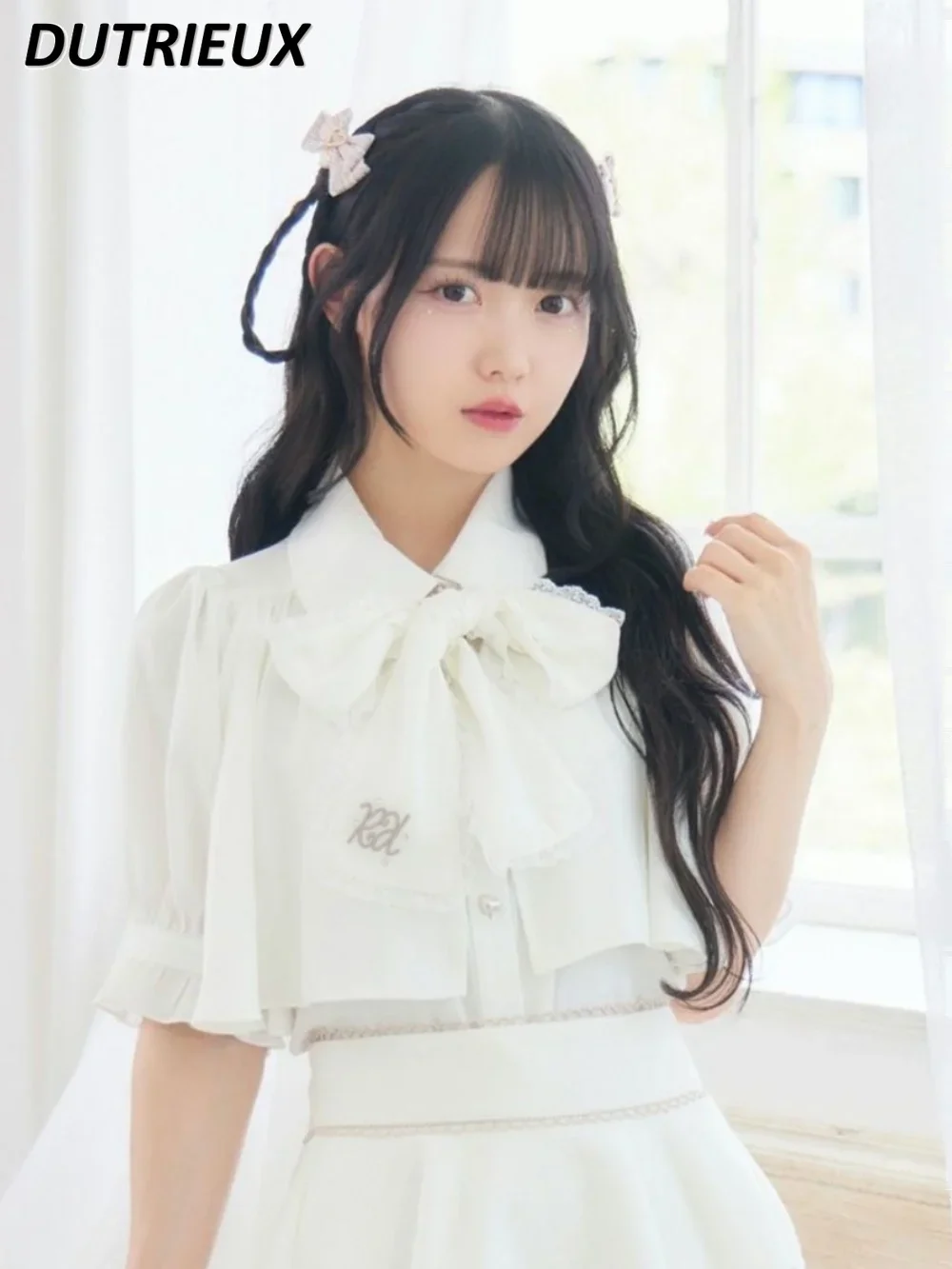 Japanese Style Mass-Produced Lolita Cloak Embroidered Ribbon Bow Short Sleeve Women's Shirt Sweet Cute All-Match Tops
