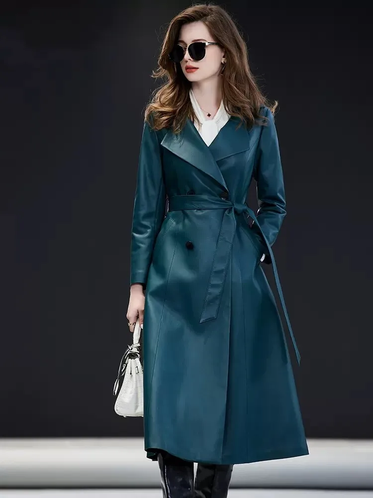 

2023 Brand Genuine Leather Long Overcoat Office Lady Elegant Double Breasted Trench Coat Women Natural Sheepskin Windbreakers Ou