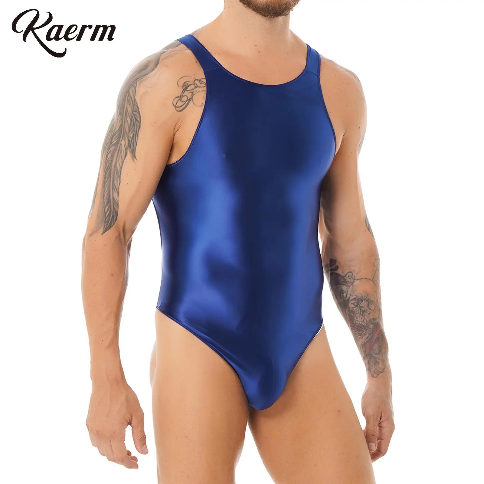 

Mens Shiny Oil Athletic One Piece Mankini Swimsuit Racer Cutout Back Leotard Bodysuit Gym Workout Jumpsuit Club Dancewear