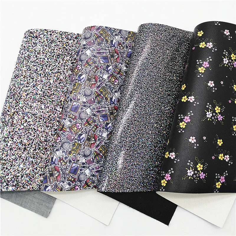 School Bags Books Custom Synthetic Leather Sheets Smooth Glitter Leather Flowers Printed Faux Leather For Bows DIY 21x29CM Q1240