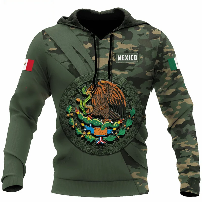 thumbnail image 1 of Sudadera con capucha con estampado 3D de la bandera de México y emblema nacional para hombre, sudadera de manga larga con estampado mexicano azteca, ropa de calle, 1 of 5