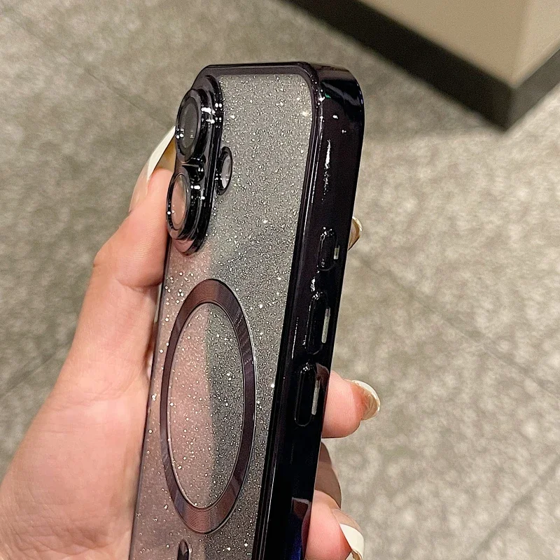 Coque de téléphone souple magnétique à paillettes de luxe pour iPhone 16 15 14 13 12 11 Pro Max Plus, coque de chargement sans fil antichoc_voghion.com