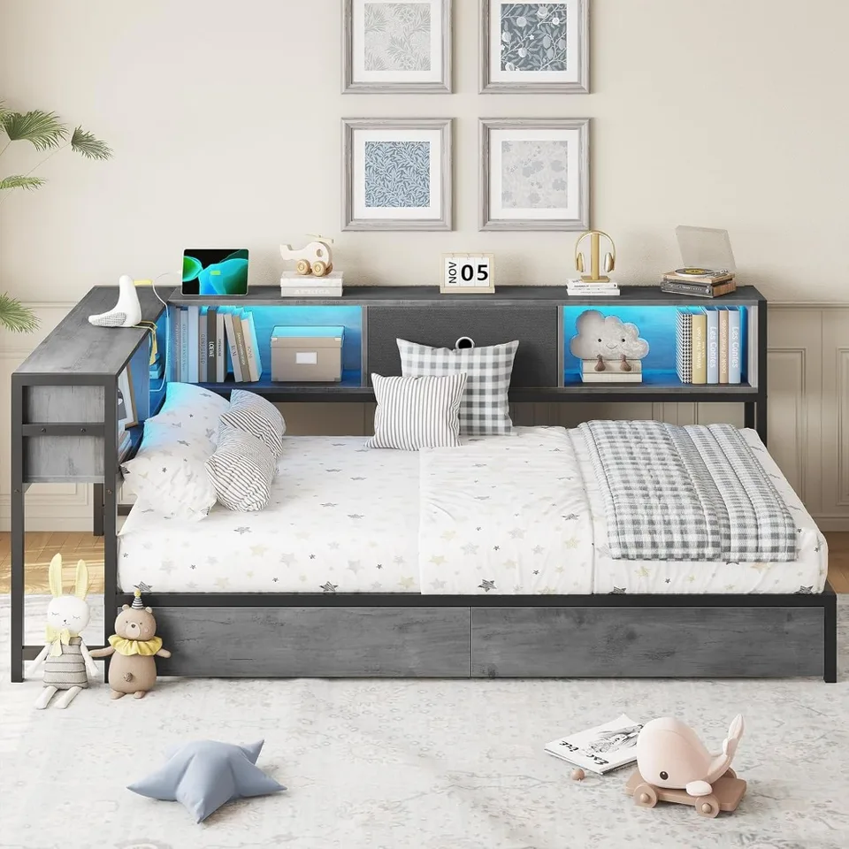 Twin Metal Platform Bed Frame with Storage and LEDs