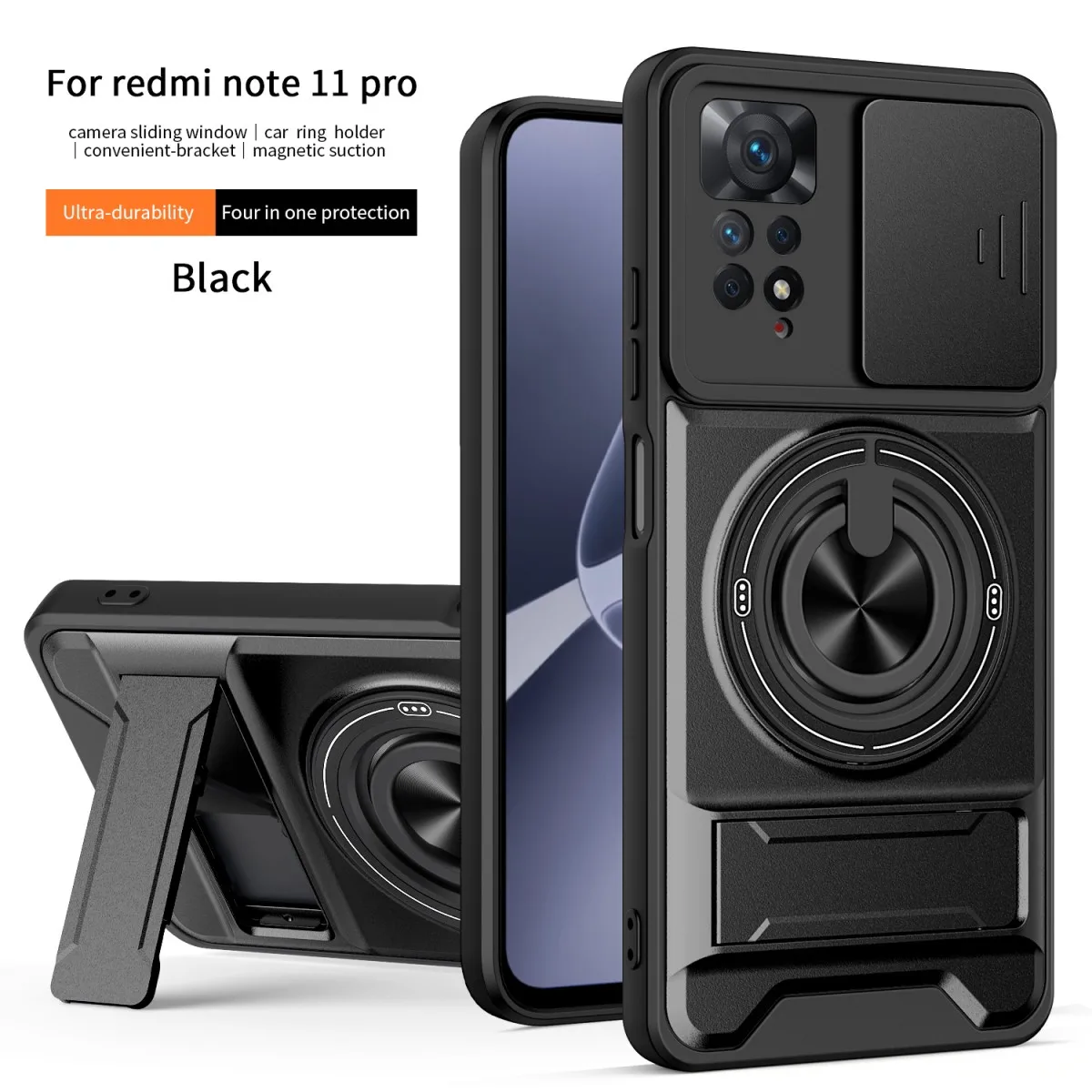 Armor Shockproof Phone Case with Sliding Camera Cap and Built-in Magnet Ring Kickstand