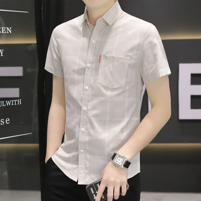 

Male Top Clothes Formal Korean Style Plaid Men's Shirt and Blouse Dress with Pocket Sleeves New in Button Regular Cotton Xxl I