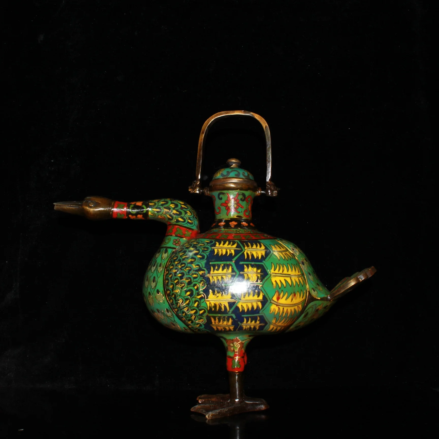 

15"Tibetan Temple Collection Old Bronze Cloisonne Enamel Swan Flagon handle Duck shape teapot kettle Ornaments Town House