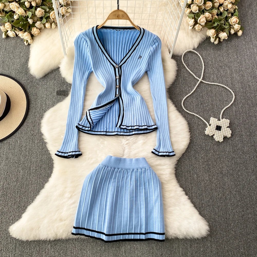 

Модный комплект с юбкой для девочек, Женский однобортный трикотажный кардиган с длинным рукавом и V-образным вырезом и короткая юбка-мини из 2 предметов