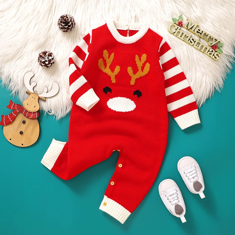Baby Girls Boys Christmas Knit Romper Elk Pattern Stripe Long Sleeves Round Neck Full Length Jumpsuit baby sweater romper 0-18M