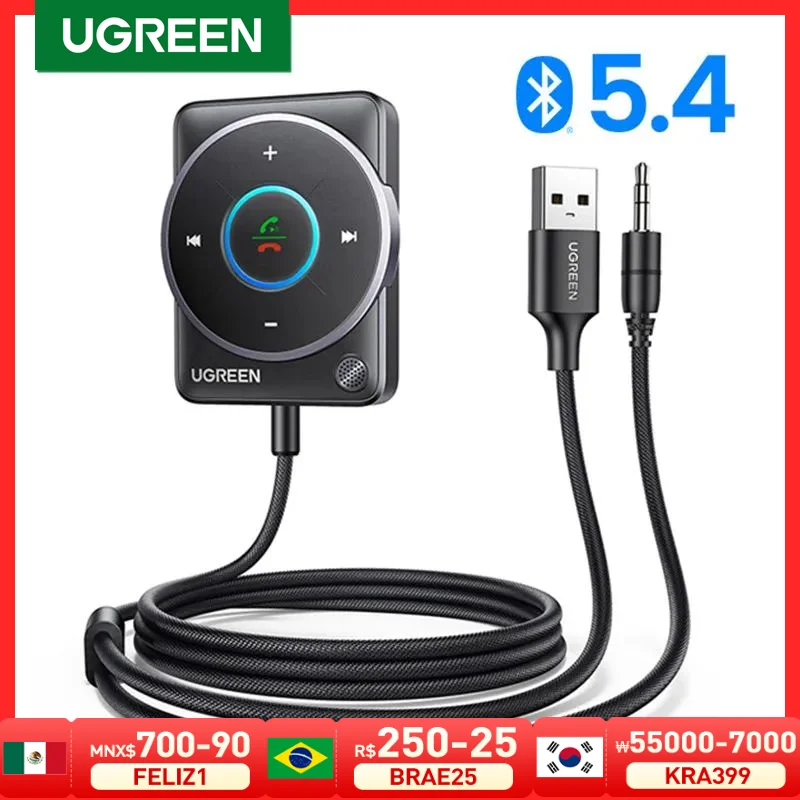 Adattatore Ricevitore Per Auto Bluetooth 5.4 Ugreen Con Microfoni E Cancellazione Del Rumore, Ricevitore Bluetooth Aux Usb Kit Per Auto Audio Stereo