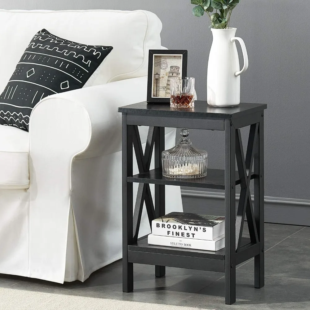 

Sofa Side Table with 3-Tier Storage Shelf for Living Room, Bedroom, Stable Steel Frame, Easy Assembly, End 2 Set, Black
