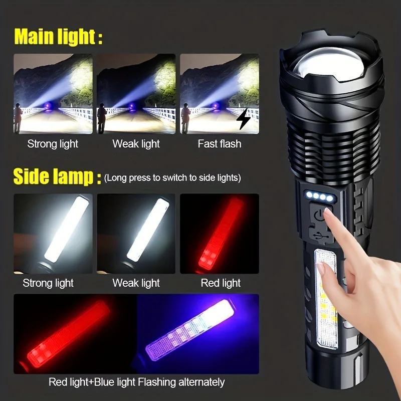 NEW High Power Rechargeable Led Flashlight Very Strong Led Flashlight With Side Light Torch For Outdoor Camping Hiking
