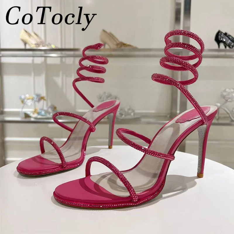 

Luxury Rhinestone High Heels Sandals Woman Serpentine Twine Ankle Strap Party Prom Shoes Summer Stiletto Gladiator Sandals Women