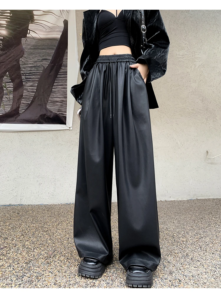 Herbst Einfarbig Klassische Volle Länge Gerade Frauen Hosen High Street Fashion Kordelzug Elastische Taille Weibliche Breite Bein Hosen – Detail 17