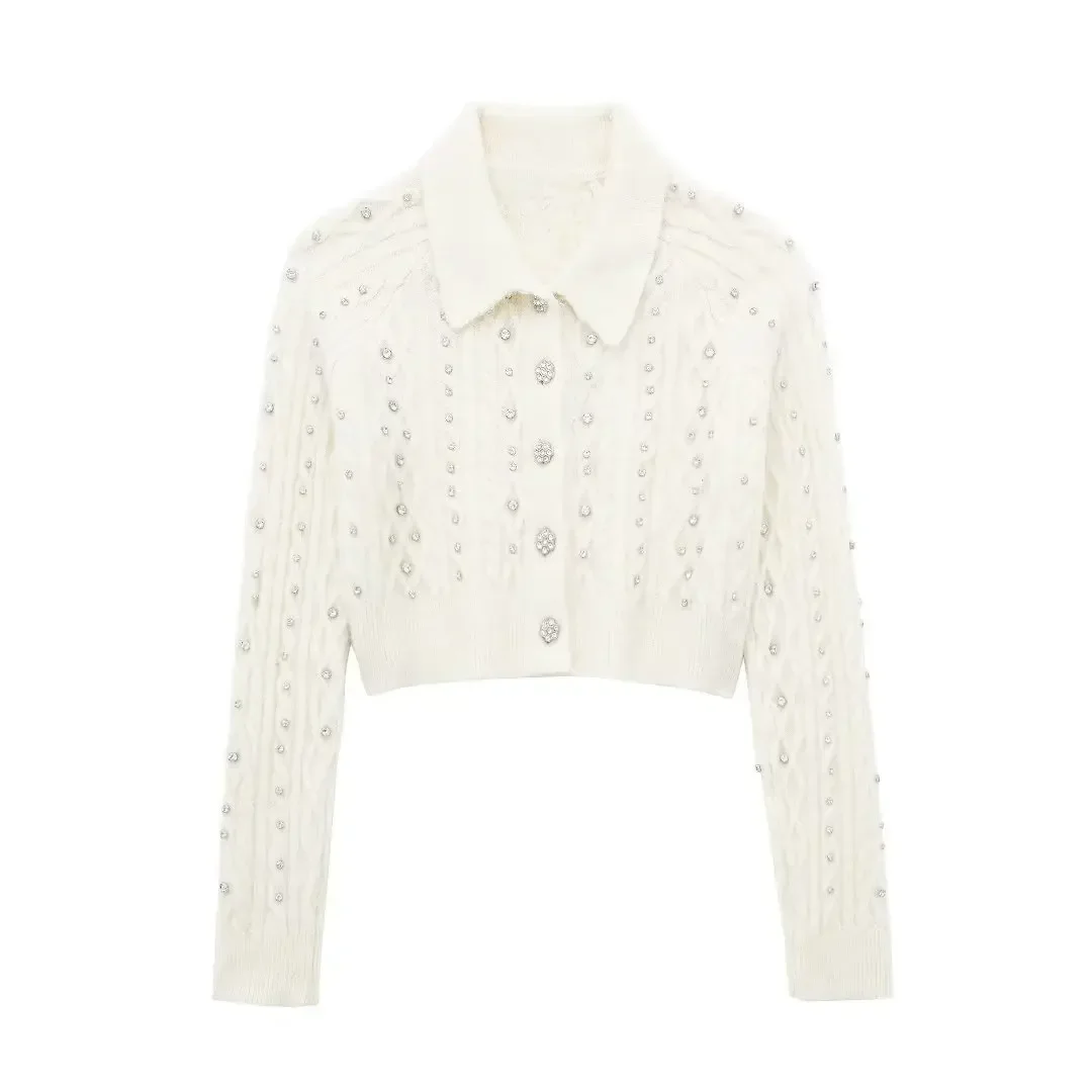 

Women New Fashion Beaded decoration Cropped Slim Knitted Cardigan Vintage Long Sleeve Button-up Female Outerwear Chic Tops