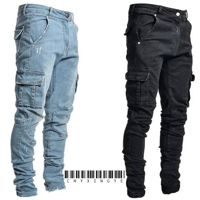 new Jeans Men Pants Wash Solid Color Multi Pockets Denim Mid Waist Cargo Jeans Plus Size Fahsion Casual Trousers Male Daily Wear 1