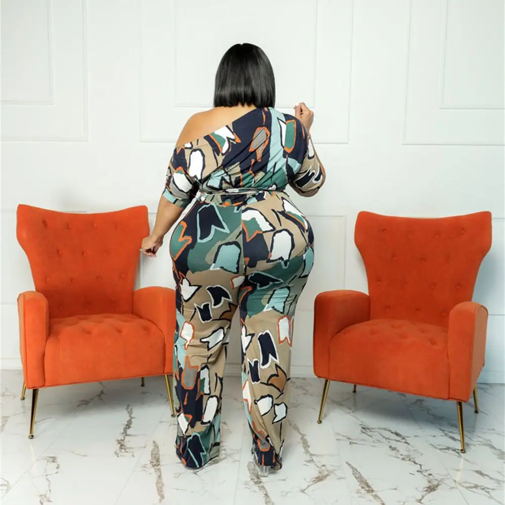 Plus Size Summer Woman Jumpsuits Belt Print One Piece Outfit Fashion One Shoulder Club Jumpsuits 2022 Lady Loose Pants Wholesale