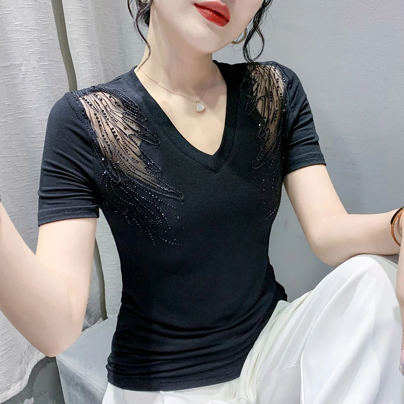 

Summer European Clothes T-Shirt Chic V-Neck Patchwork Mesh Shiny Diamonds Tops Short Sleeve Bottoming Shirt Black Tees 9465