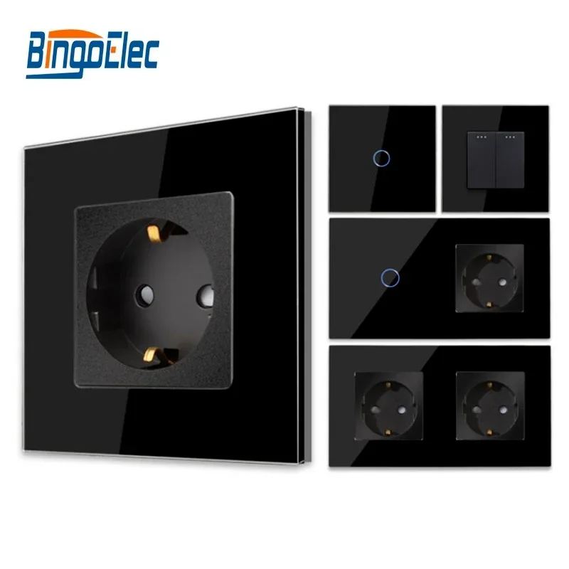 Bingoelec Padrão da ue Preto Soquetes e Interruptores com Painel de Vidro Cristal Interruptor Sensor com Soquete Melhoria da Casa
